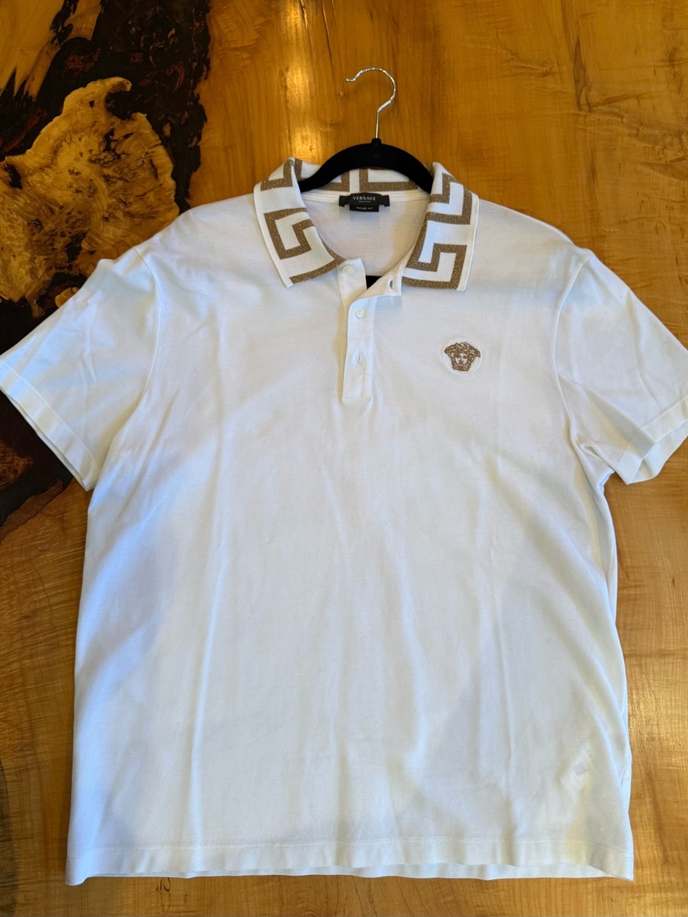 Versace White Polo with Gold Greek Key Collar